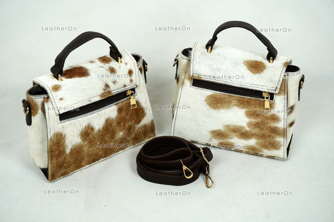 Cowhide Mini Hand Bag with Strap | 100% Natural Cowhide Top Handle Bag | Real Hair On Cowhide Leather Ladies Bag | Cow Skin Small Hand Bag