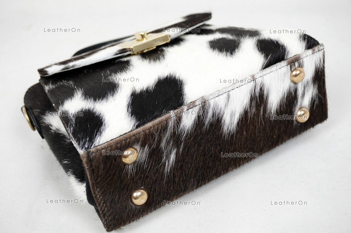 Cowhide Mini Hand Bag with Strap | 100% Natural Cowhide Top Handle Bag | Real Hair On Cowhide Leather Ladies Bag | Cow Skin Small Hand Bag