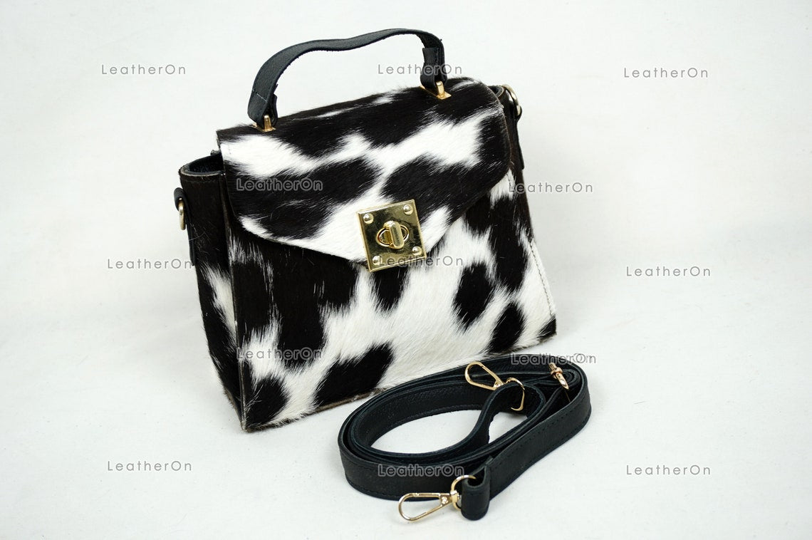 Cowhide Mini Hand Bag with Strap | 100% Natural Cowhide Top Handle Bag | Real Hair On Cowhide Leather Ladies Bag | Cow Skin Small Hand Bag