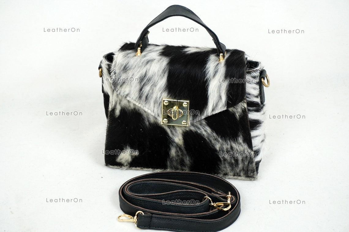 Cowhide Mini Hand Bag with Strap | 100% Natural Cowhide Top Handle Bag | Real Hair On Cowhide Leather Ladies Bag | Cow Skin Small Hand Bag