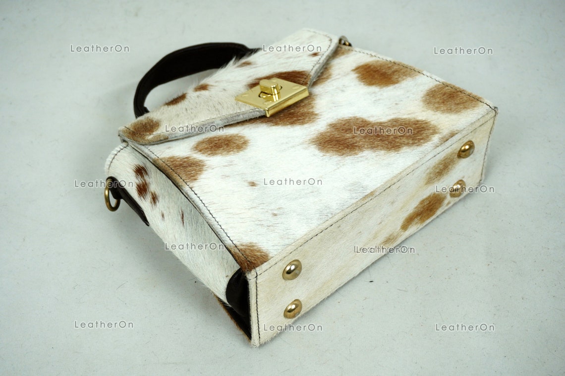 Cowhide Mini Hand Bag with Strap | 100% Natural Cowhide Top Handle Bag | Real Hair On Cowhide Leather Ladies Bag | Cow Skin Small Hand Bag