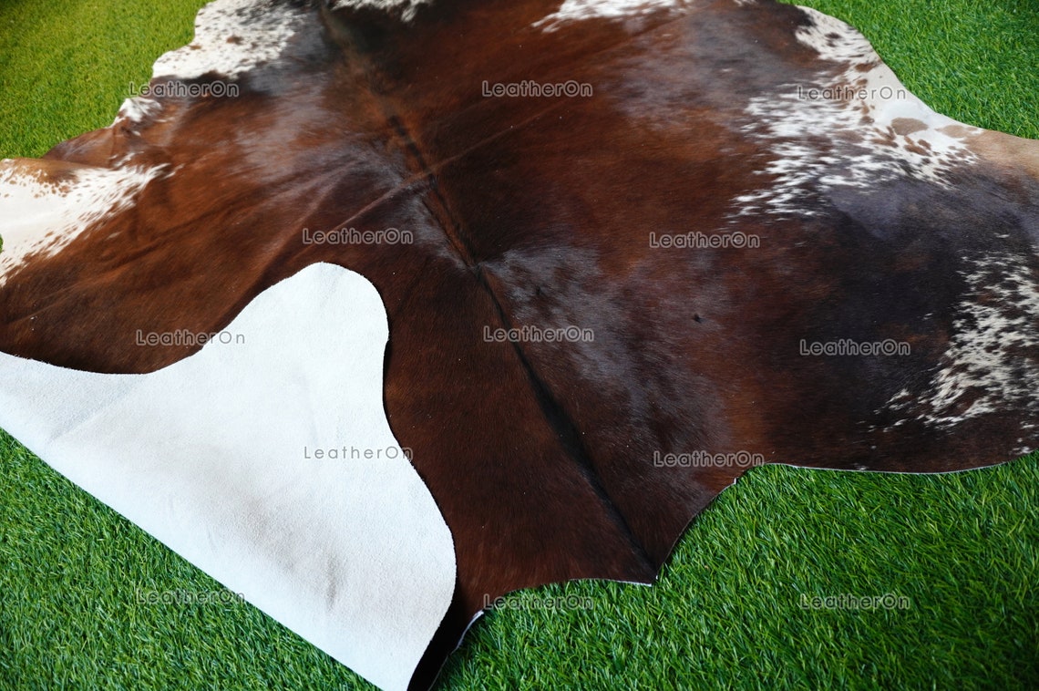 Small (4.7 X 4.6 ft.) EXACT As Photo, Tricolor COWHIDE Area RUG | 100% Natural Cowhide Rug | Hair-on Leather Cow Hide Rug | C584