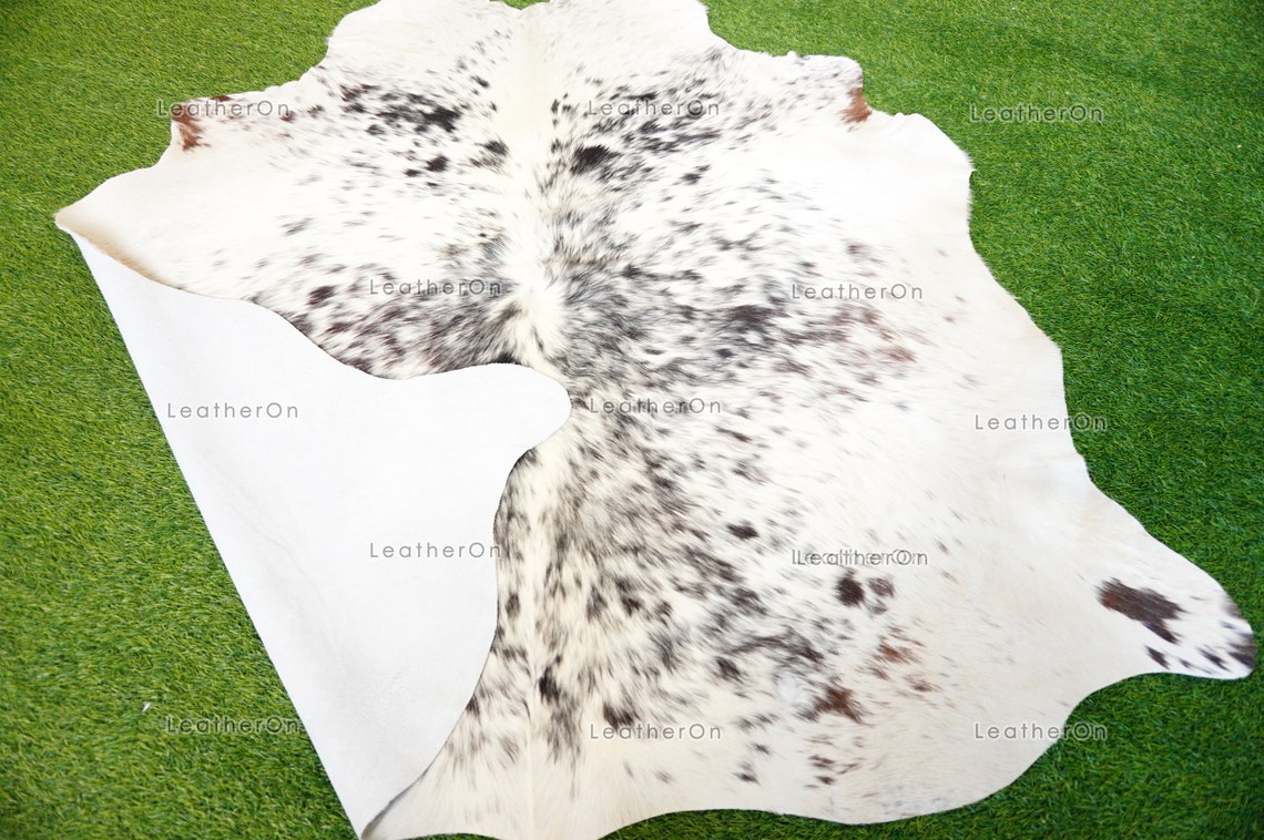 Small (4.9 X 4.7 ft.) EXACT As Photo, Speckled Black White COWHIDE Area RUG | 100% Natural Cowhide Rug | Hair-on Leather Cow Hide Rug | C597