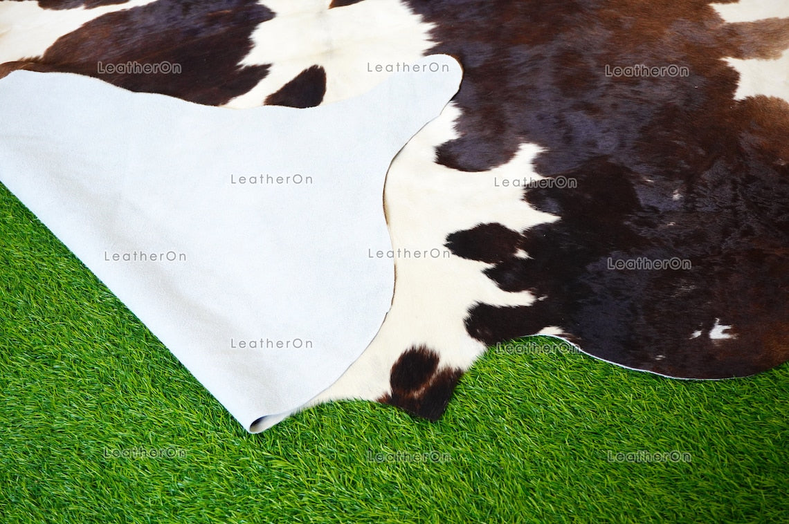 Small ( 4.8 x 4.9 ft.) EXACT As Photo, Tricolor COWHIDE RUG | 100% Natural Cowhide Area Rug | Real Hair-on Leather Cow Hide Rug | C498