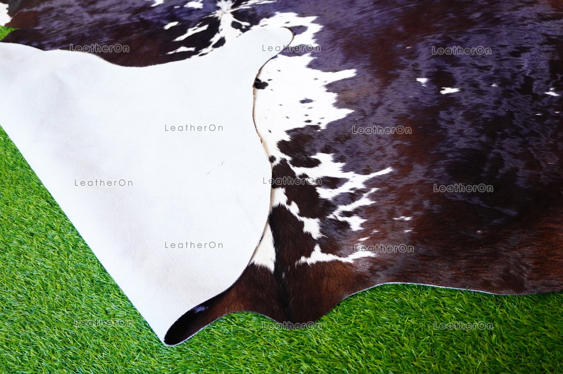 Large (5.3 X 5.6 ft.) EXACT As Photo, Tricolor COWHIDE RUG | 100% Natural Cowhide Area Rug | Real Hair-on Cowhide Leather Rug | C509