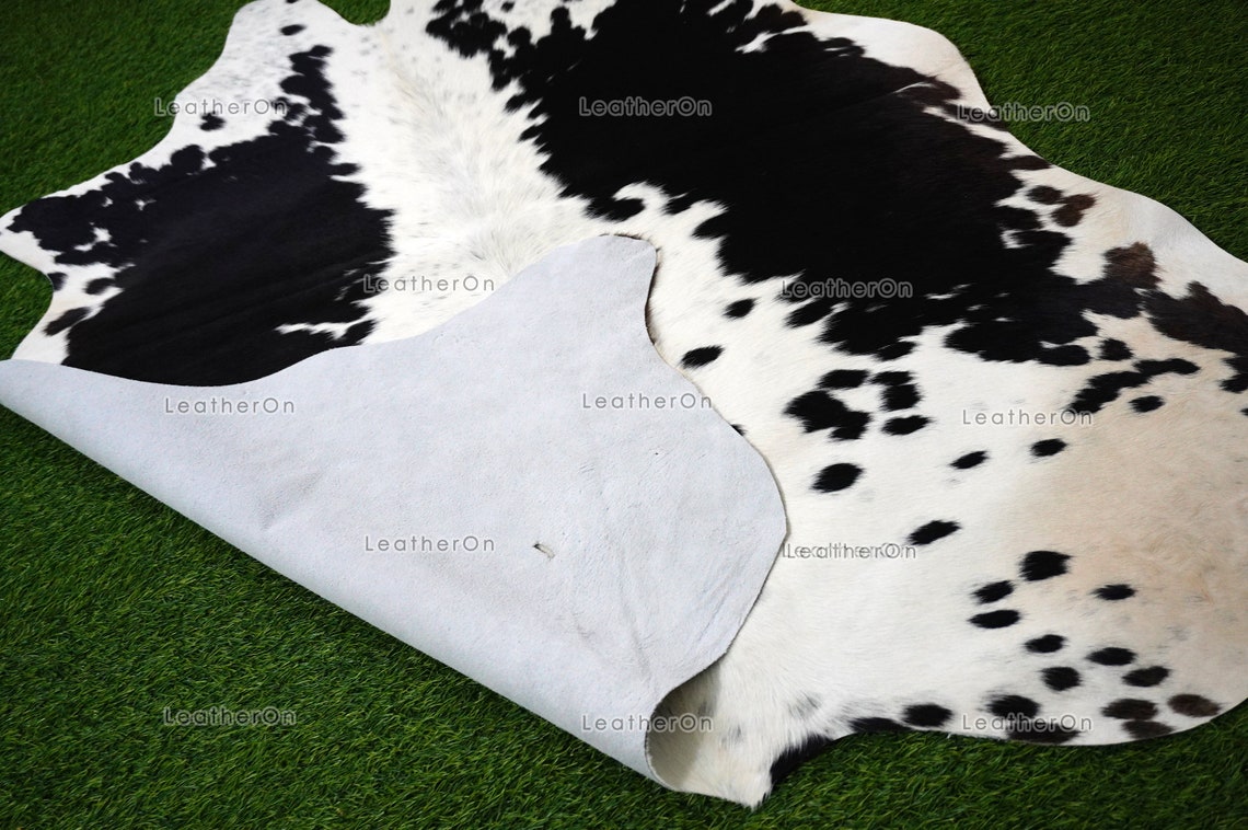 Small (4.8 x 4.5 ft.) EXACT As Photo, Black White COWHIDE RUG | 100% Natural Cowhide Area Rug | Hair-on Cowhide Leather Rug | C638