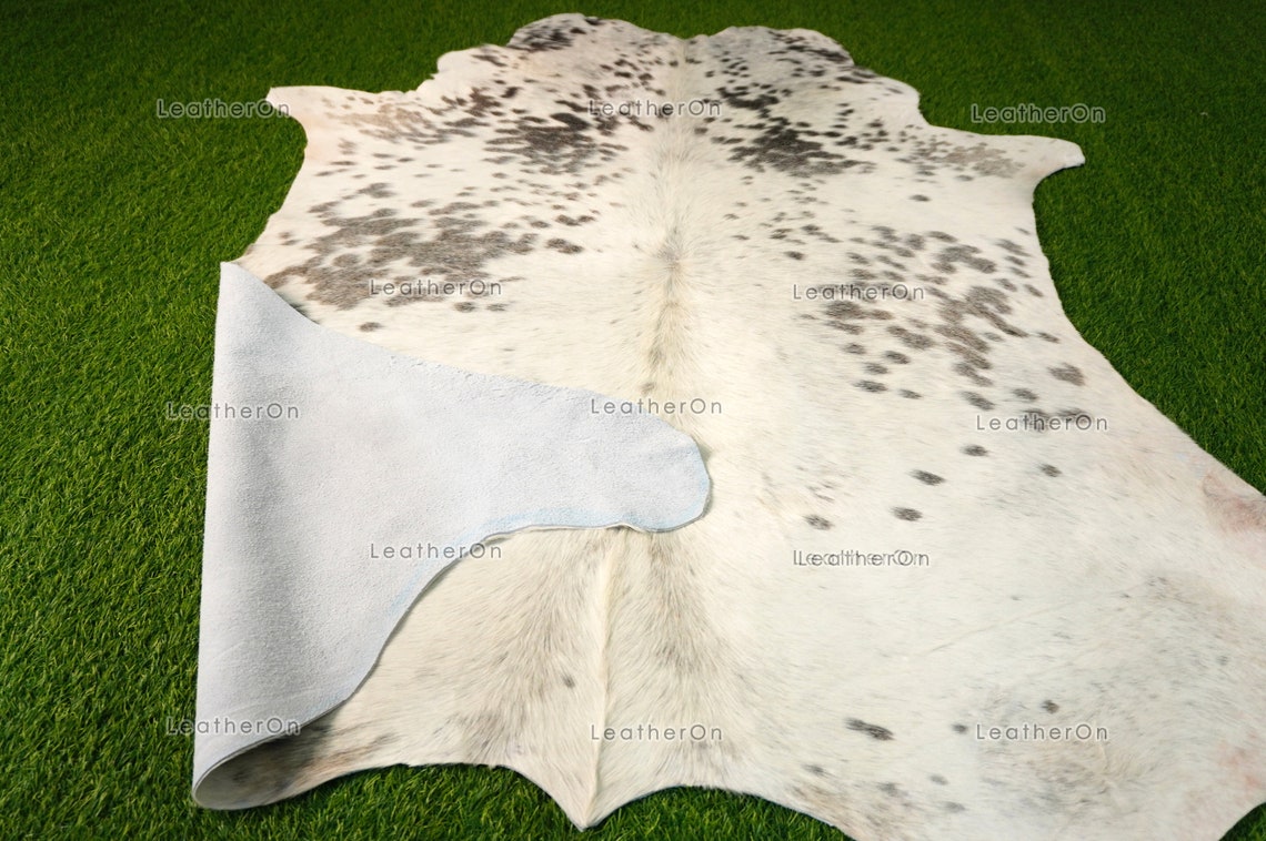 Medium (5.3 x 5.3 ft.) EXACT As Photo, Light Gray White COWHIDE RUG | 100% Natural Cowhide Area Rug | Hair-on Cowhide Leather Rug | C538