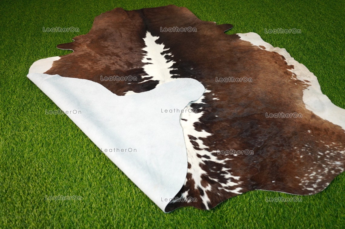 Small ( 4.7 x 4.9 ft.) EXACT As Photo, Tricolor COWHIDE Area RUG | 100% Natural Cowhide Rug | Hair-on Leather Cow Hide Rug | C543