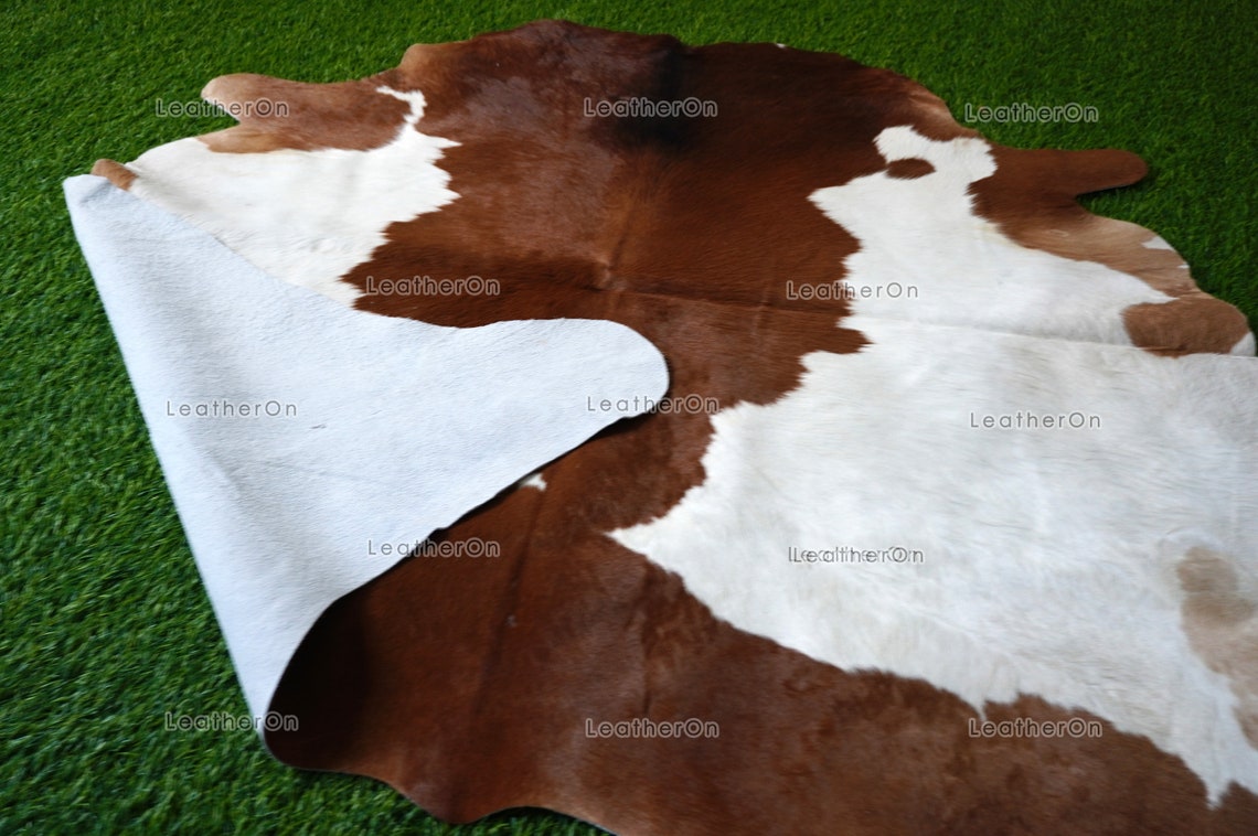 Small ( 4 x 4 ft.) EXACT As Photo, Brown White COWHIDE Area RUG | 100% Natural Cowhide Rug | Hair-on Leather Cow Hide Rug | C549