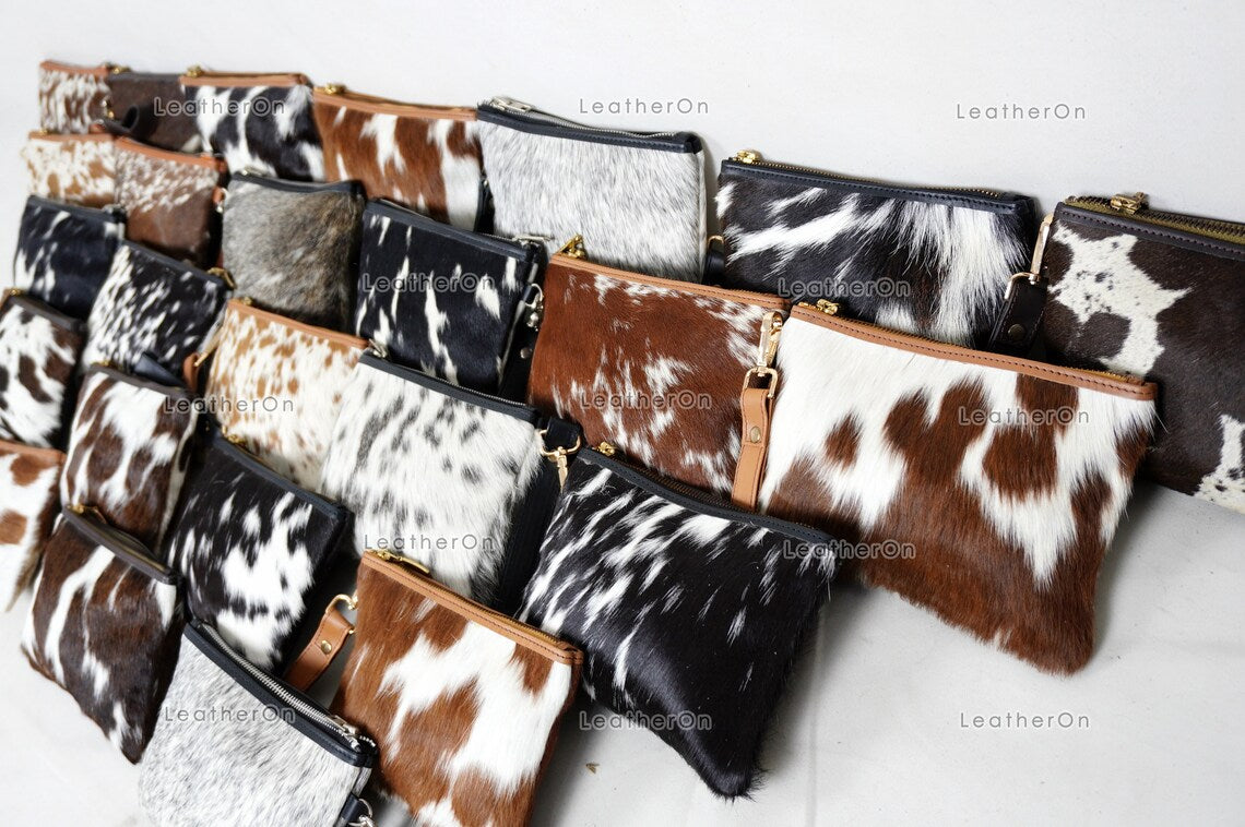 Natural Cowhide Wristlet Bags |100% Real Hair On Cowhide Leather Pouch Bags | Genuine Cow skin Ladies Wristlet Bags | Cowhide Women Purses
