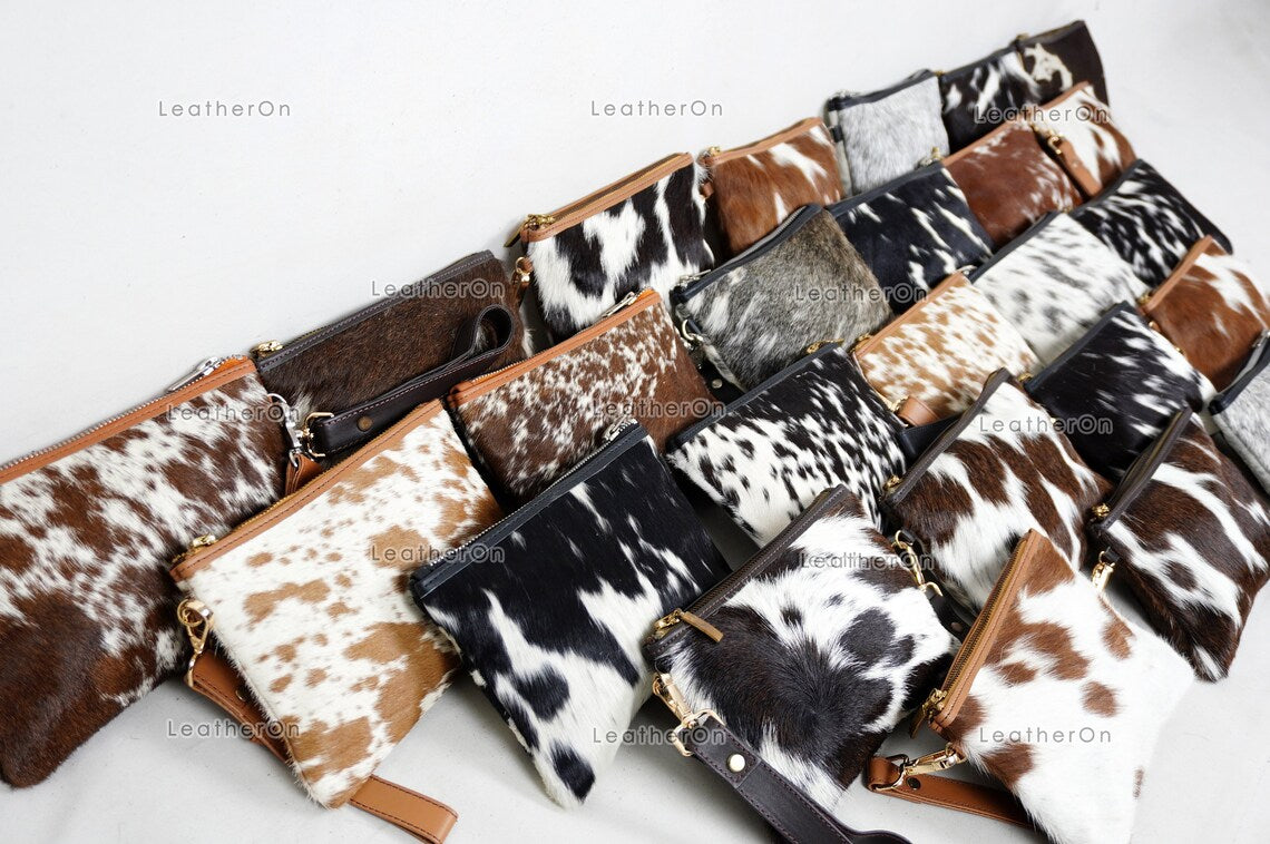 Natural Cowhide Wristlet Bags |100% Real Hair On Cowhide Leather Pouch Bags | Genuine Cow skin Ladies Wristlet Bags | Cowhide Women Purses