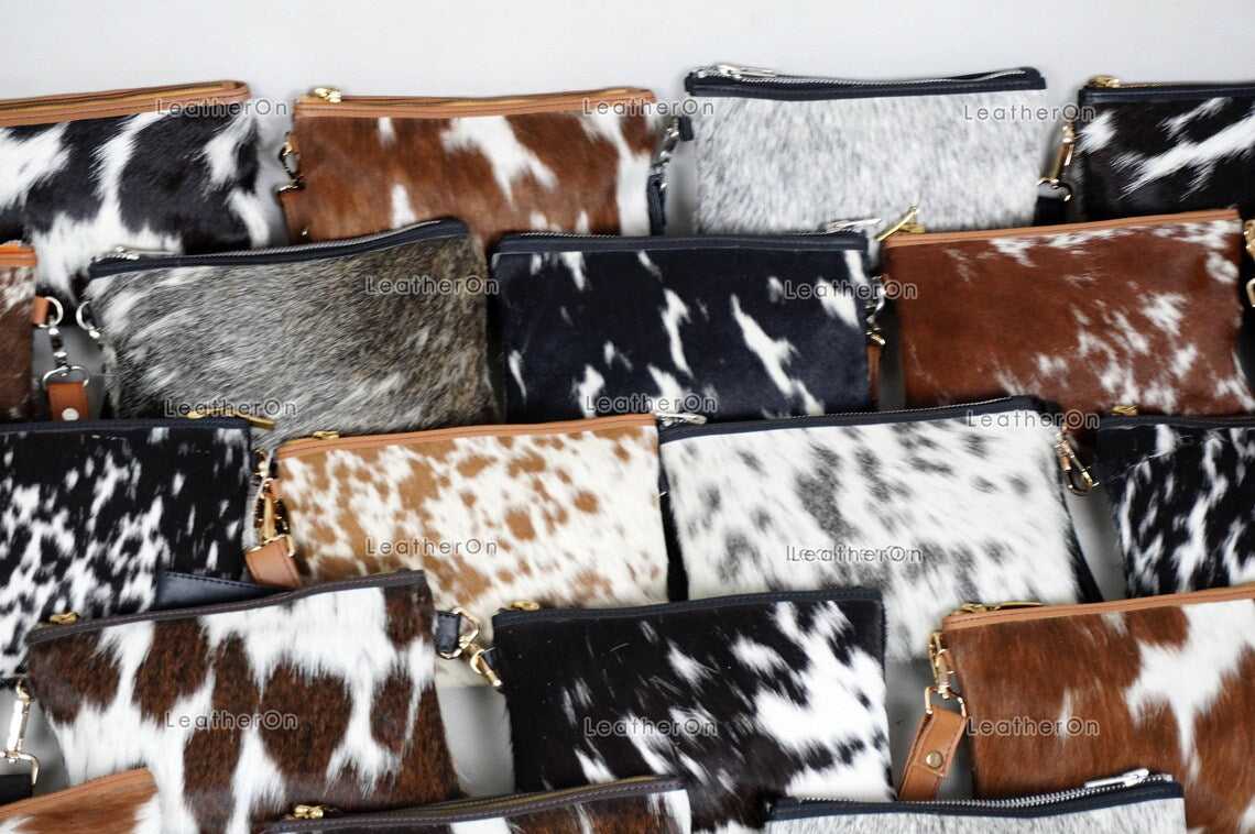 Natural Cowhide Wristlet Bags |100% Real Hair On Cowhide Leather Pouch Bags | Genuine Cow skin Ladies Wristlet Bags | Cowhide Women Purses
