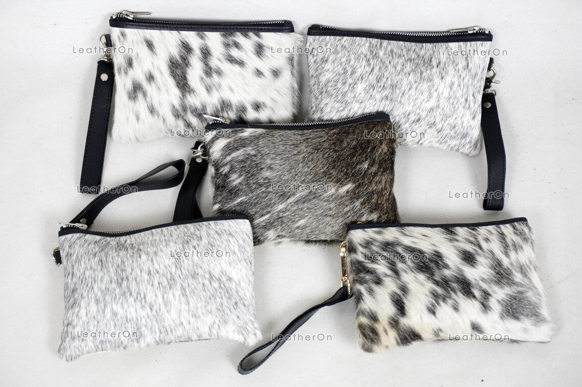 Natural Cowhide Wristlet Bags |100% Real Hair On Cowhide Leather Pouch Bags | Genuine Cow skin Ladies Wristlet Bags | Cowhide Women Purses