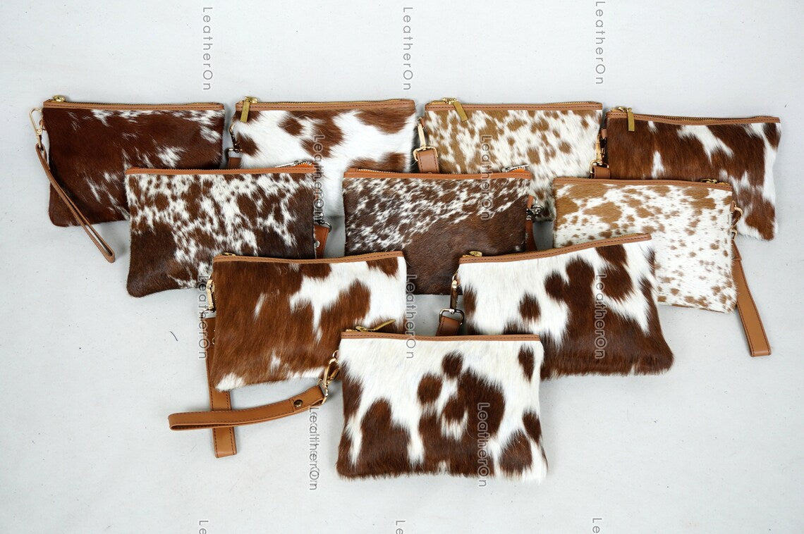 Natural Cowhide Wristlet Bags |100% Real Hair On Cowhide Leather Pouch Bags | Genuine Cow skin Ladies Wristlet Bags | Cowhide Women Purses