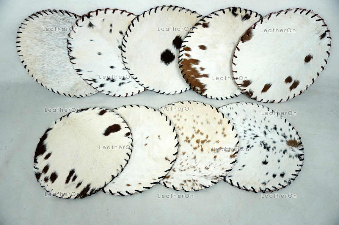Assorted Color 100% Natural COWHIDE Placemats | Handmade Hair on Leather Round Placemats | Real Cow Hide PLACEMATS | Cow Skin Placemats