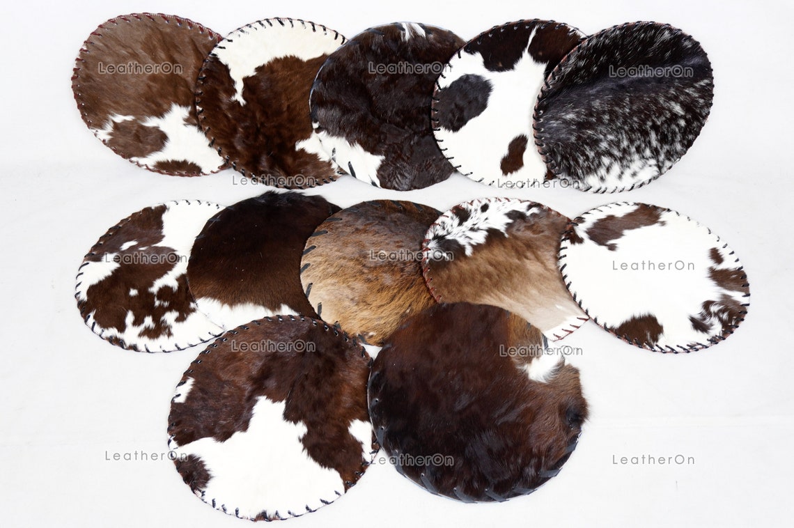 Assorted Color 100% Natural COWHIDE Placemats | Handmade Hair on Leather Round Placemats | Real Cow Hide PLACEMATS | Cow Skin Placemats