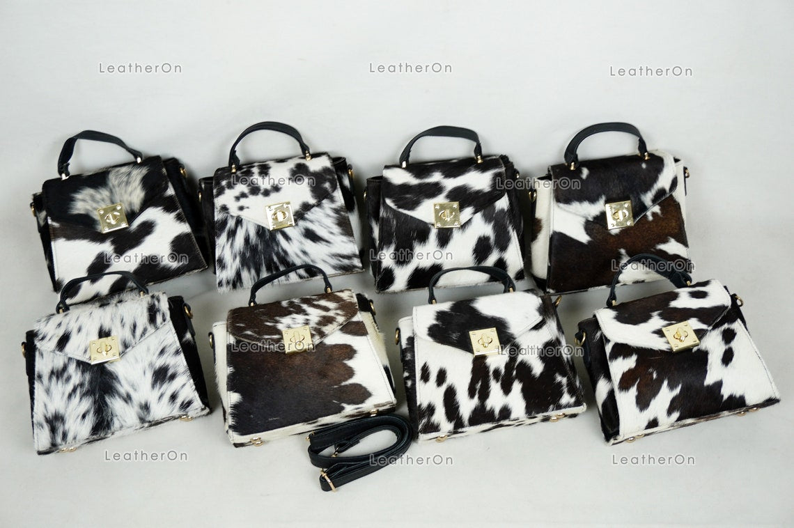 Cowhide Mini Hand Bag with Strap | 100% Natural Cowhide Top Handle Bag | Real Hair On Cowhide Leather Ladies Bag | Cow Skin Small Hand Bag