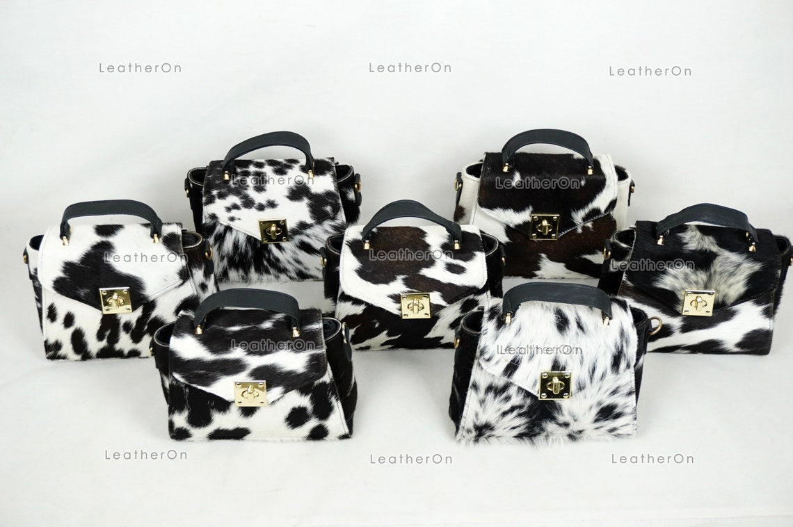 Cowhide Mini Hand Bag with Strap | 100% Natural Cowhide Top Handle Bag | Real Hair On Cowhide Leather Ladies Bag | Cow Skin Small Hand Bag