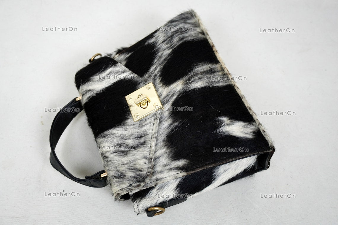 Cowhide Mini Hand Bag with Strap | 100% Natural Cowhide Top Handle Bag | Real Hair On Cowhide Leather Ladies Bag | Cow Skin Small Hand Bag