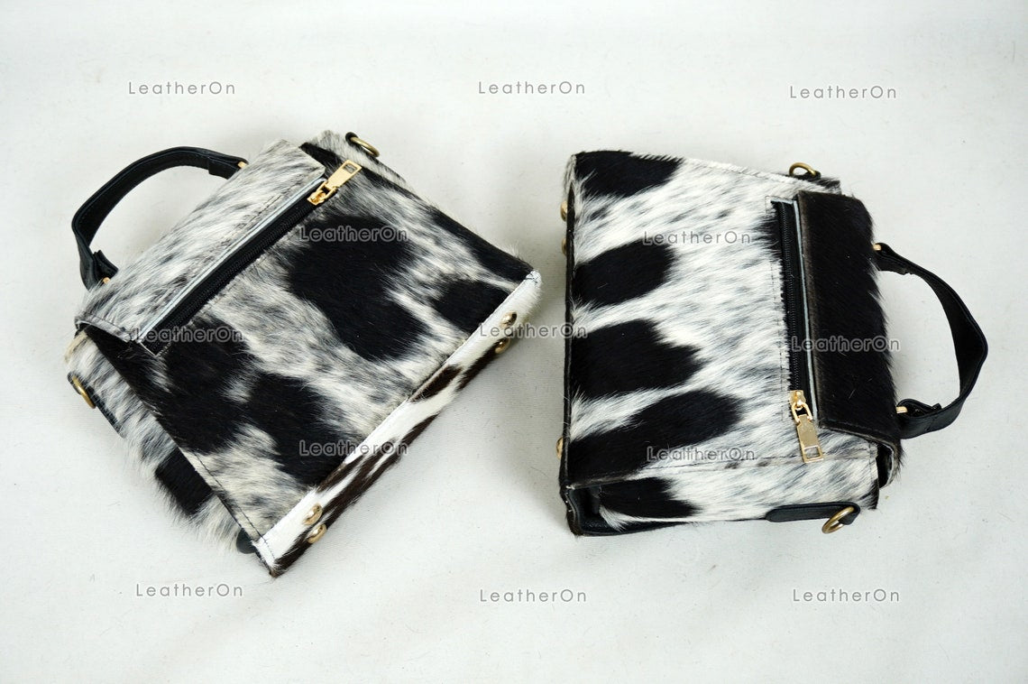 Cowhide Mini Hand Bag with Strap | 100% Natural Cowhide Top Handle Bag | Real Hair On Cowhide Leather Ladies Bag | Cow Skin Small Hand Bag
