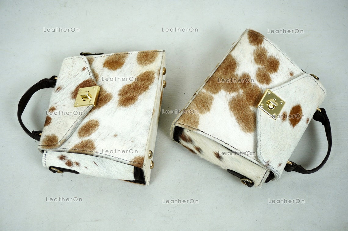 Cowhide Mini Hand Bag with Strap | 100% Natural Cowhide Top Handle Bag | Real Hair On Cowhide Leather Ladies Bag | Cow Skin Small Hand Bag