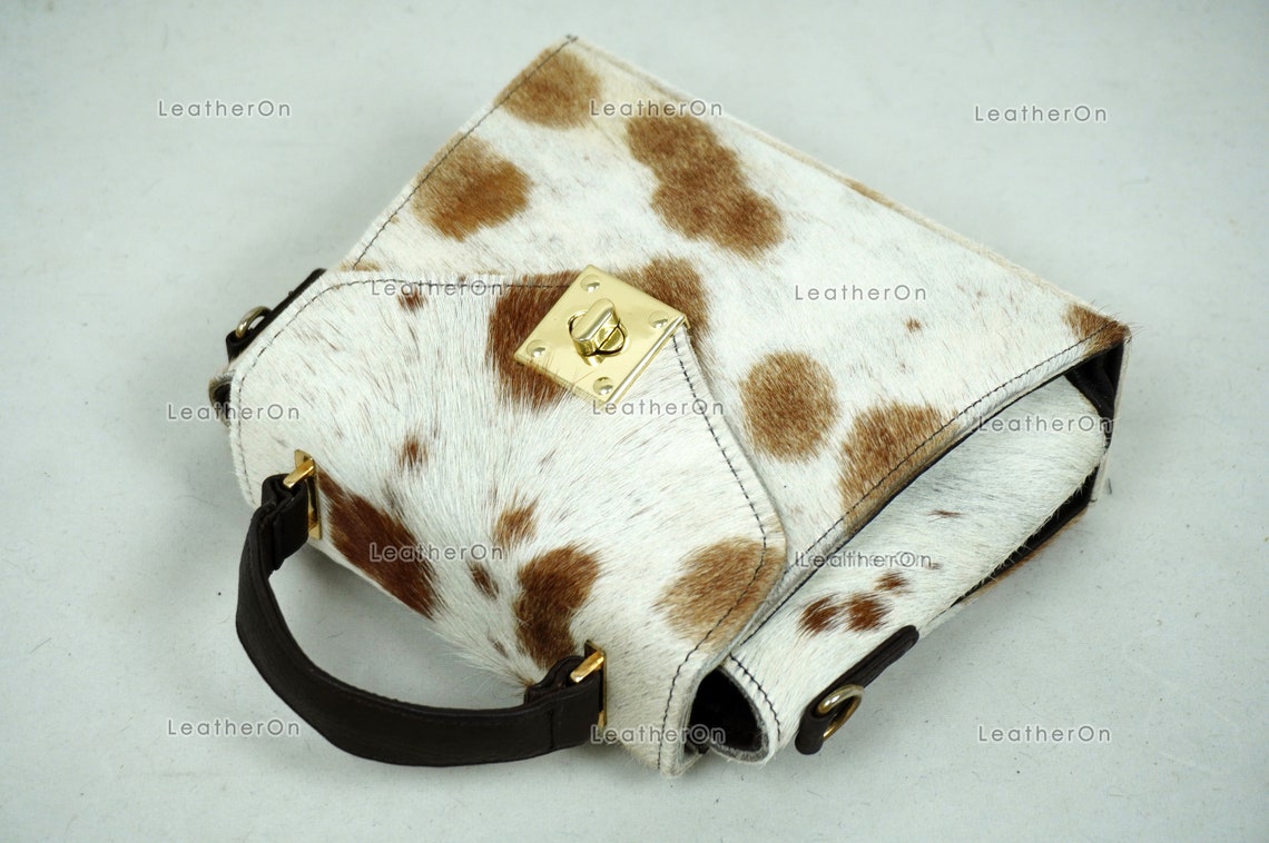 Cowhide Mini Hand Bag with Strap | 100% Natural Cowhide Top Handle Bag | Real Hair On Cowhide Leather Ladies Bag | Cow Skin Small Hand Bag