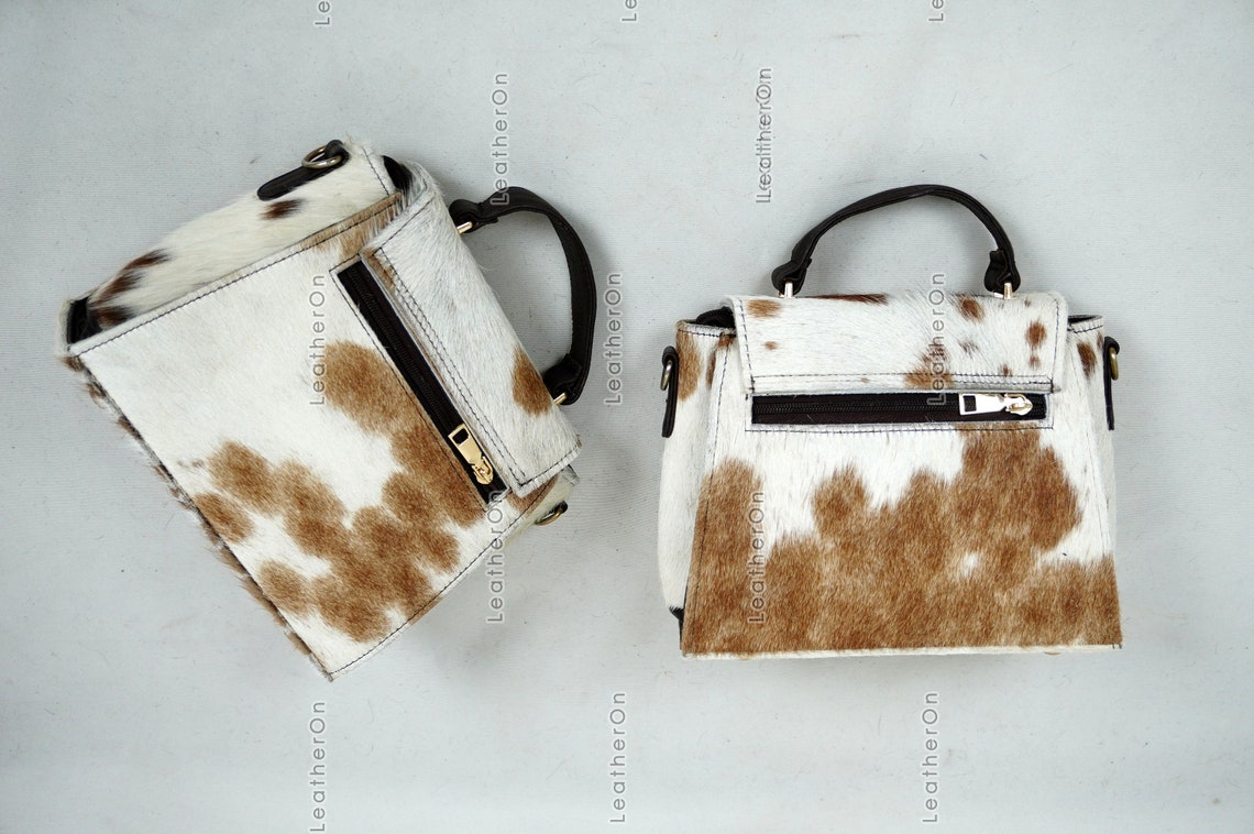 Cowhide Mini Hand Bag with Strap | 100% Natural Cowhide Top Handle Bag | Real Hair On Cowhide Leather Ladies Bag | Cow Skin Small Hand Bag