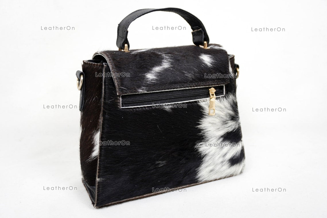 Cowhide Mini Hand Bag with Strap | 100% Natural Cowhide Top Handle Bag | Real Hair On Cowhide Leather Ladies Bag | Cow Skin Small Hand Bag