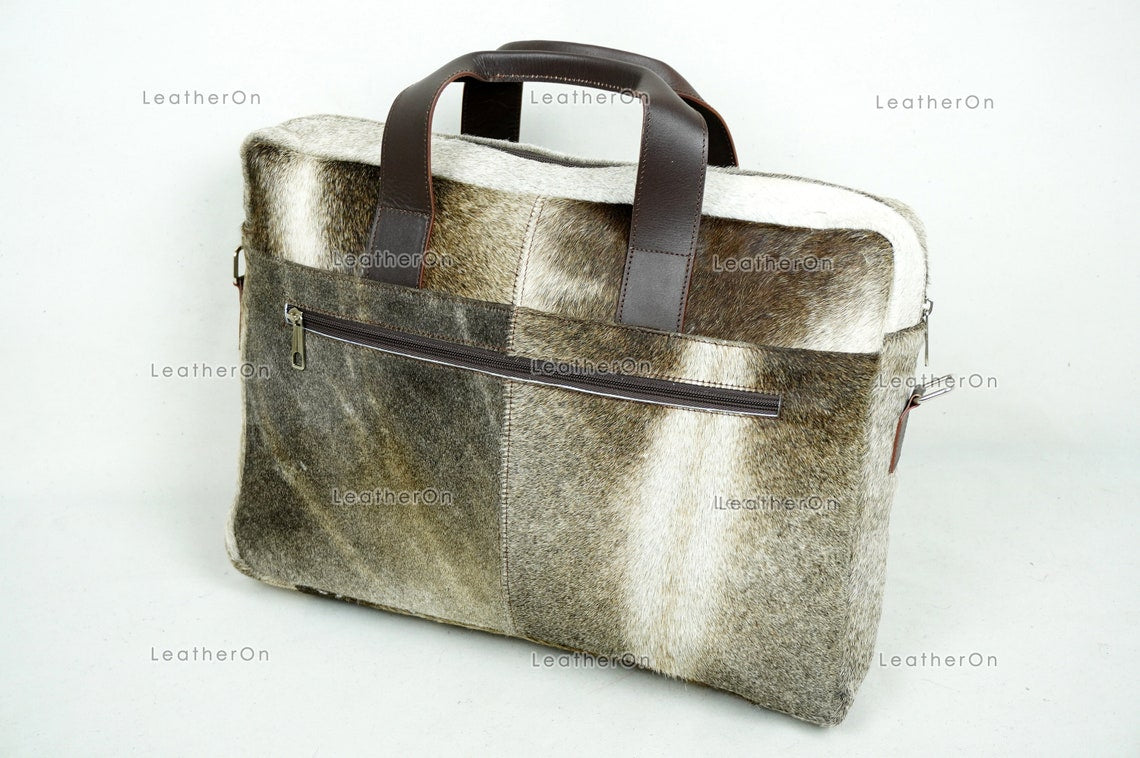 Cowhide Laptop Briefcase Bag | Natural Cowhide Office Satchel Bag | Cowhide Messenger Bag | Cowhide File Bag | Documents Bag | OB21
