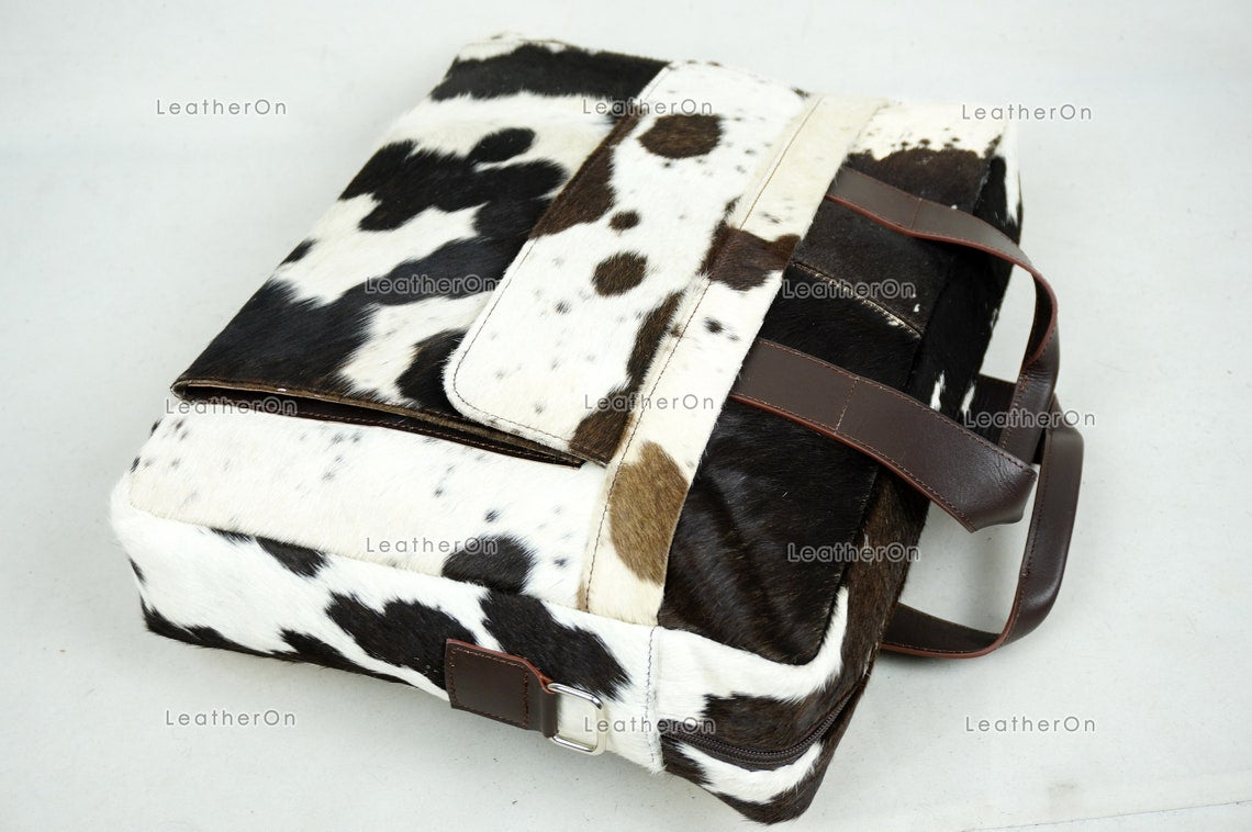Cowhide Laptop Briefcase Bag | Natural Cowhide Office Satchel Bag | Cowhide Messenger Bag | Cowhide File Bag | Documents Bag | OB22