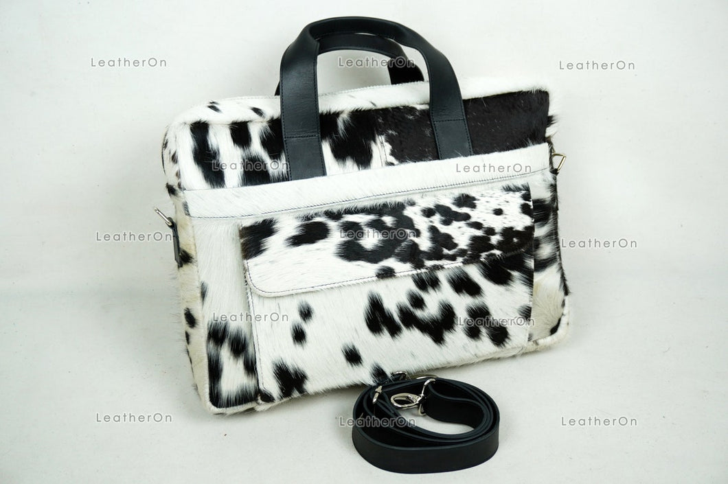 Cowhide Laptop Briefcase Bag | Natural Cowhide Office Satchel Bag | Cowhide Messenger Bag | Cowhide File Bag | Documents Bag | OB23