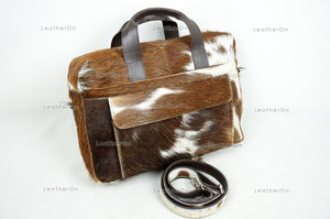 Cowhide Laptop Briefcase Bag | Natural Cowhide Office Satchel Bag | Cowhide Messenger Bag | Cowhide File Bag | Documents Bag | OB24