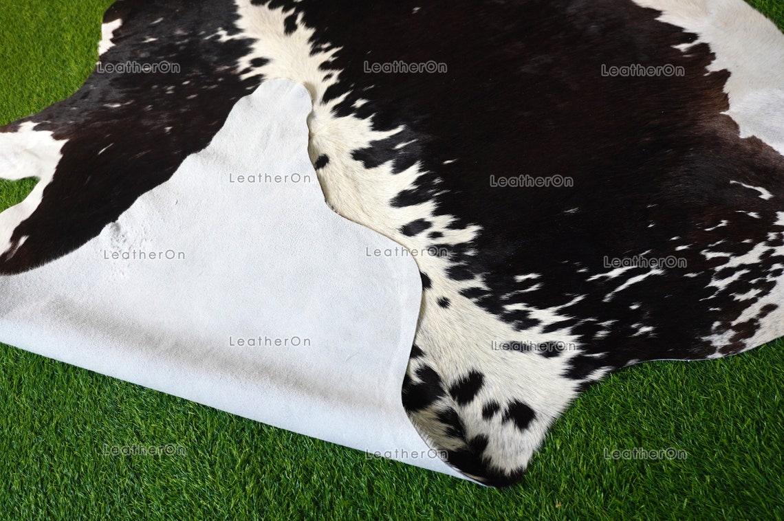 Large (5 x 5.8 ft.) EXACT As Photo, Black White COWHIDE Area RUG | 100% Natural Cowhide Rug | Hair-on Cowhide Leather Rug | C558