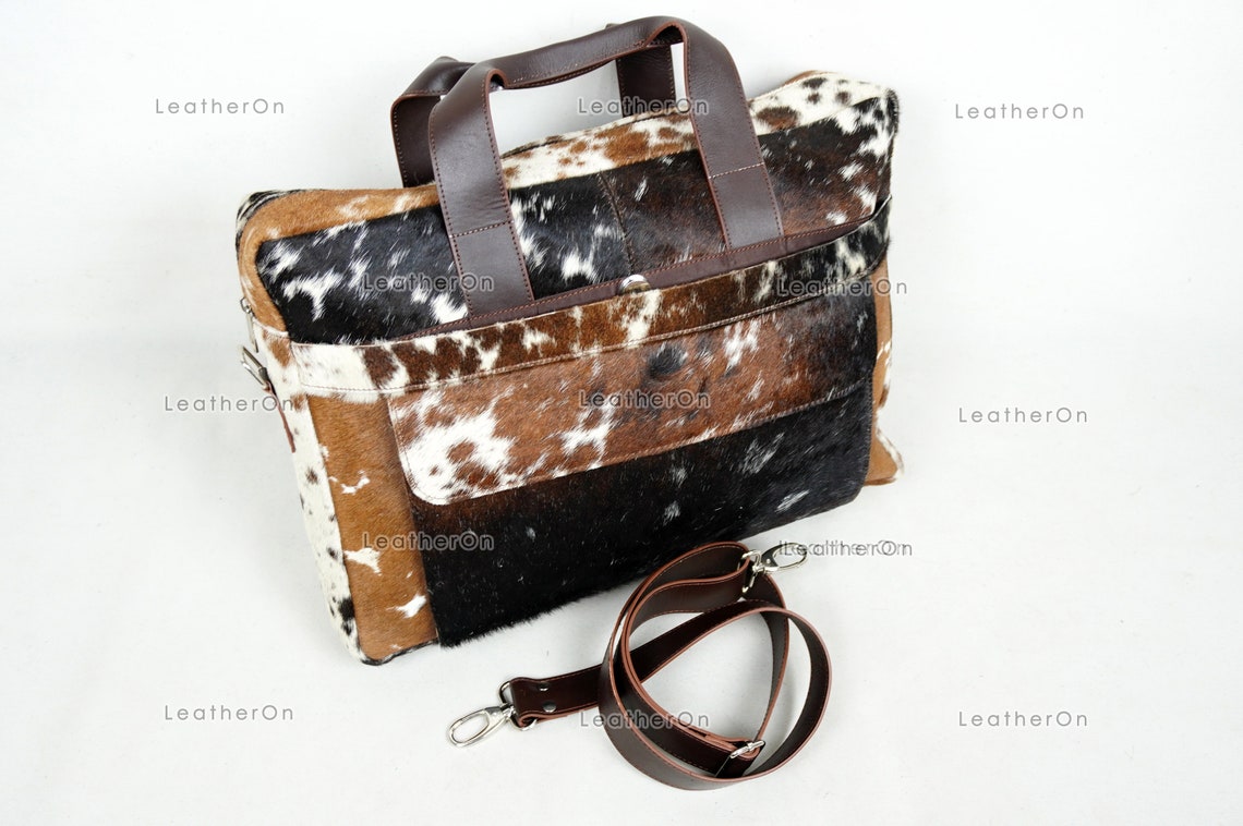 Cowhide Laptop Briefcase Bag | Natural Cowhide Office Satchel Bag | Cowhide Messenger Bag | Cowhide File Bag | Documents Bag | OB25