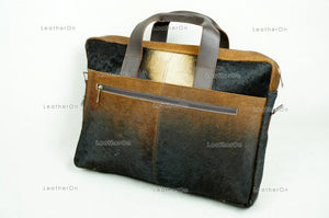 Cowhide Laptop Briefcase Bag | Natural Cowhide Office Satchel Bag | Cowhide Messenger Bag | Cowhide File Bag | Documents Bag | OB27