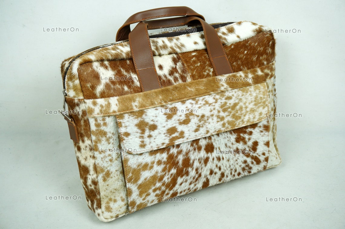 Cowhide Laptop Briefcase Bag | Natural Cowhide Office Satchel Bag | Cowhide Messenger Bag | Cowhide File Bag | Documents Bag | OB28