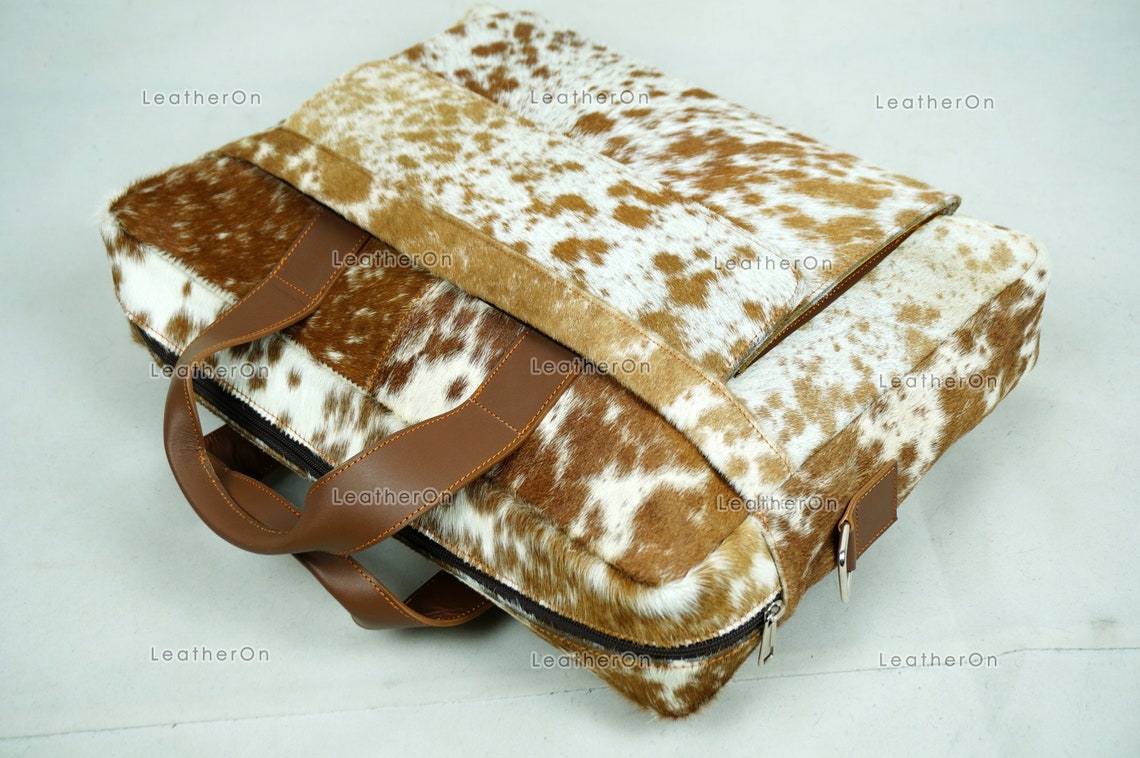 Cowhide Laptop Briefcase Bag | Natural Cowhide Office Satchel Bag | Cowhide Messenger Bag | Cowhide File Bag | Documents Bag | OB28