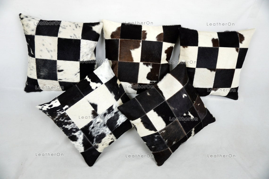 Cowhide Patchwork Pillows Covers 100% Natural Hair on Cowhide Leather Pillow Cases Real Cowhide Cushion Covers | PLW228
