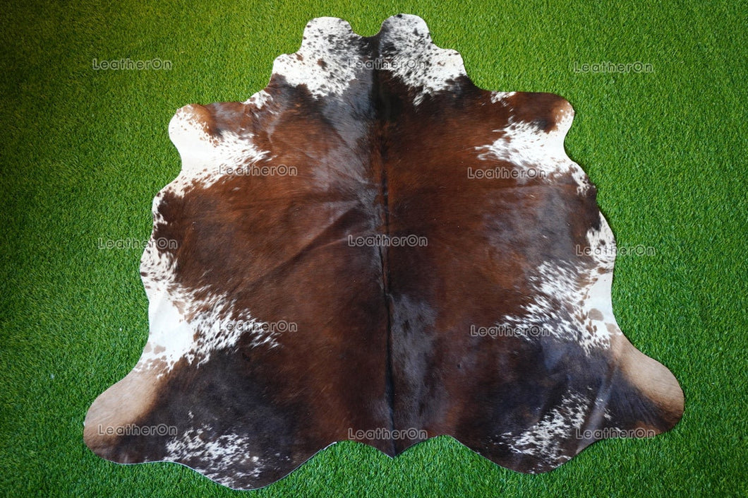 Small (4.7 X 4.6 ft.) EXACT As Photo, Tricolor COWHIDE Area RUG | 100% Natural Cowhide Rug | Hair-on Leather Cow Hide Rug | C584