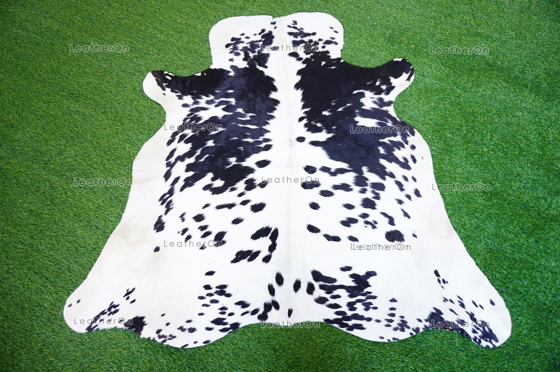 Small (4.3 X 4.6 ft.) EXACT As Photo, Black White COWHIDE Area RUG | 100% Natural Cowhide Rug | Hair-on Leather Cow Hide Rug | C601
