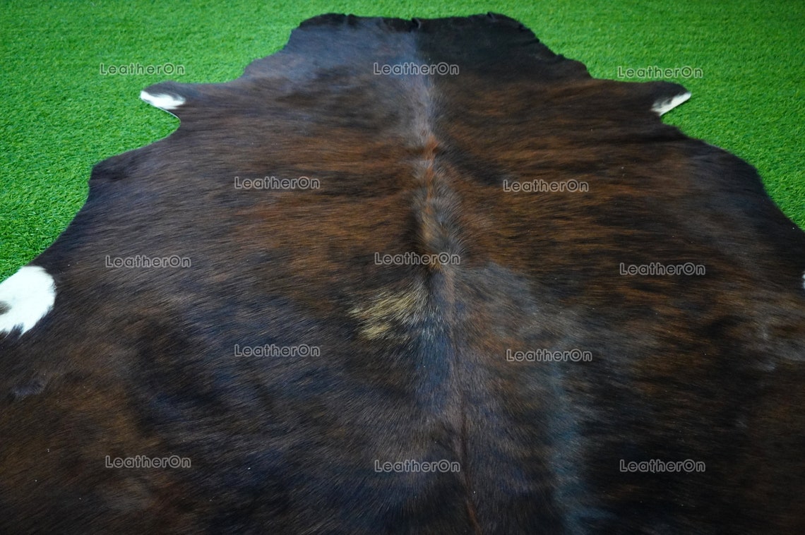 Medium (5 x 5 ft.) EXACT As Photo, Tricolor Brindle COWHIDE RUG | 100% Natural Cowhide Area Rug | Hair-on Cowhide Leather Rug | C640