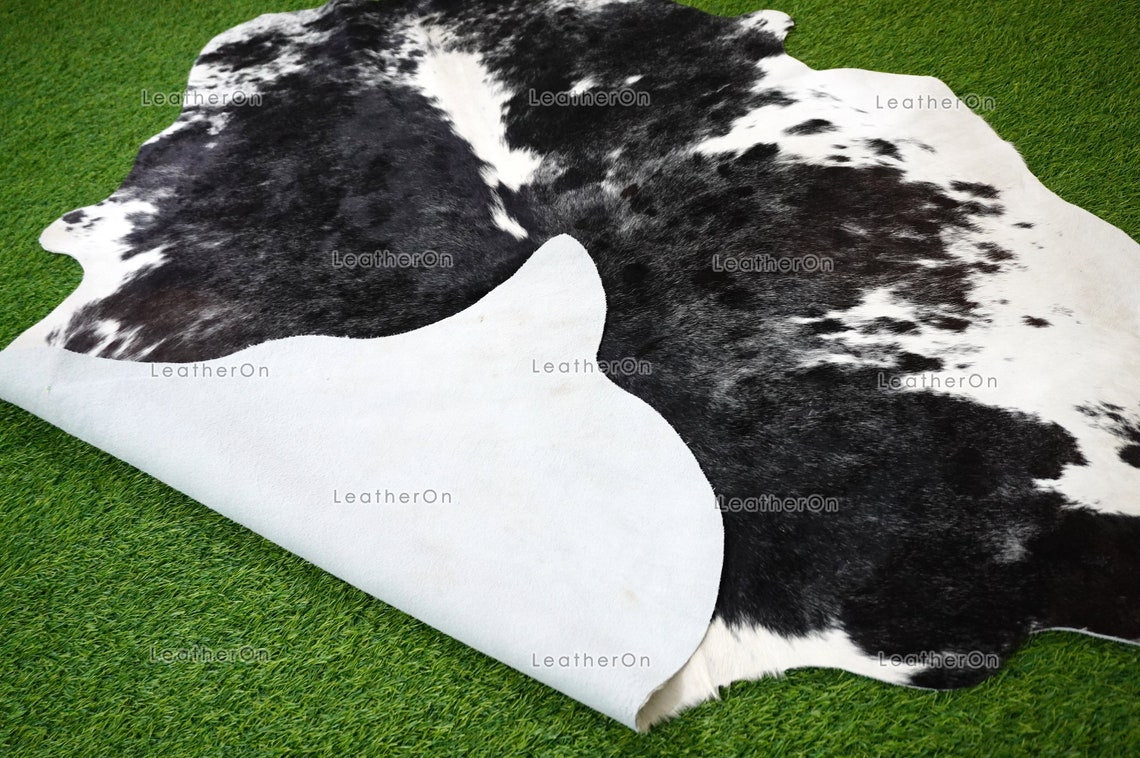 Small (4.6 x 4.2 ft.) EXACT As Photo, Black White COWHIDE RUG | 100% Natural Cowhide Area Rug | Hair-on Cowhide Leather Rug | C642
