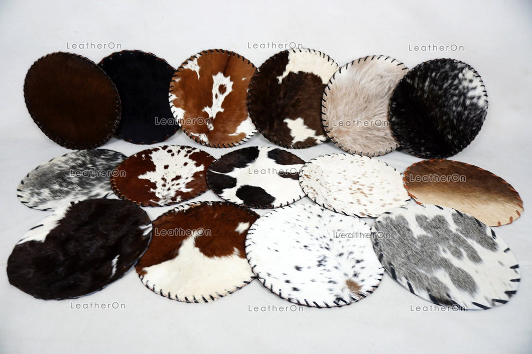 Assorted Color 100% Natural COWHIDE Placemats | Handmade Hair on Leather Round Placemats | Real Cow Hide PLACEMATS | Cow Skin Placemats