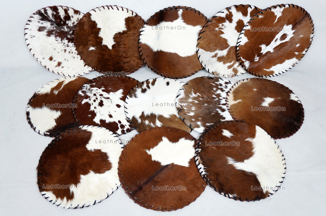 Assorted Color 100% Natural COWHIDE Placemats | Handmade Hair on Leather Round Placemats | Real Cow Hide PLACEMATS | Cow Skin Placemats