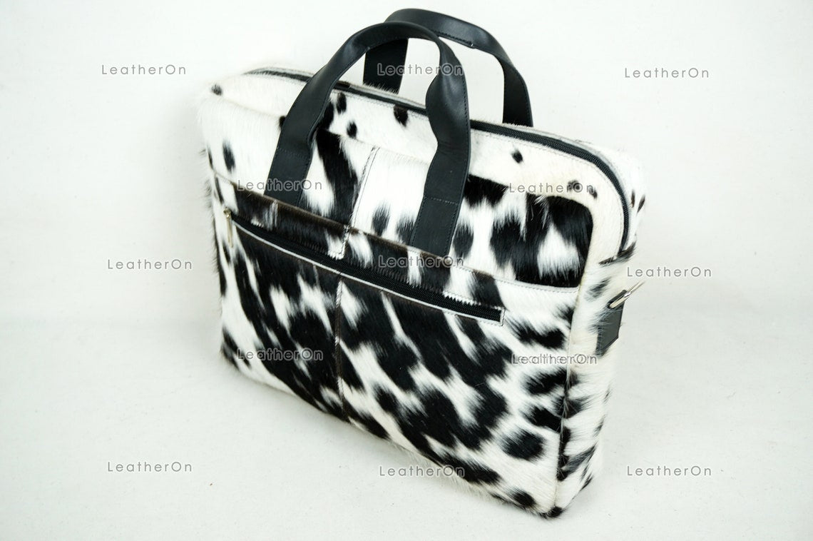 Cowhide Laptop Briefcase Bag | Natural Cowhide Office Satchel Bag | Cowhide Messenger Bag | Cowhide File Bag | Documents Bag | OB23