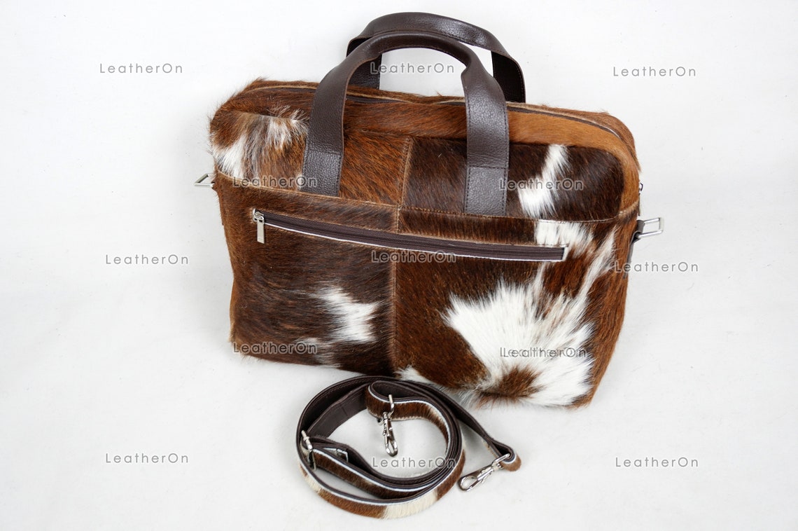 Cowhide Laptop Briefcase Bag | Natural Cowhide Office Satchel Bag | Cowhide Messenger Bag | Cowhide File Bag | Documents Bag | OB24