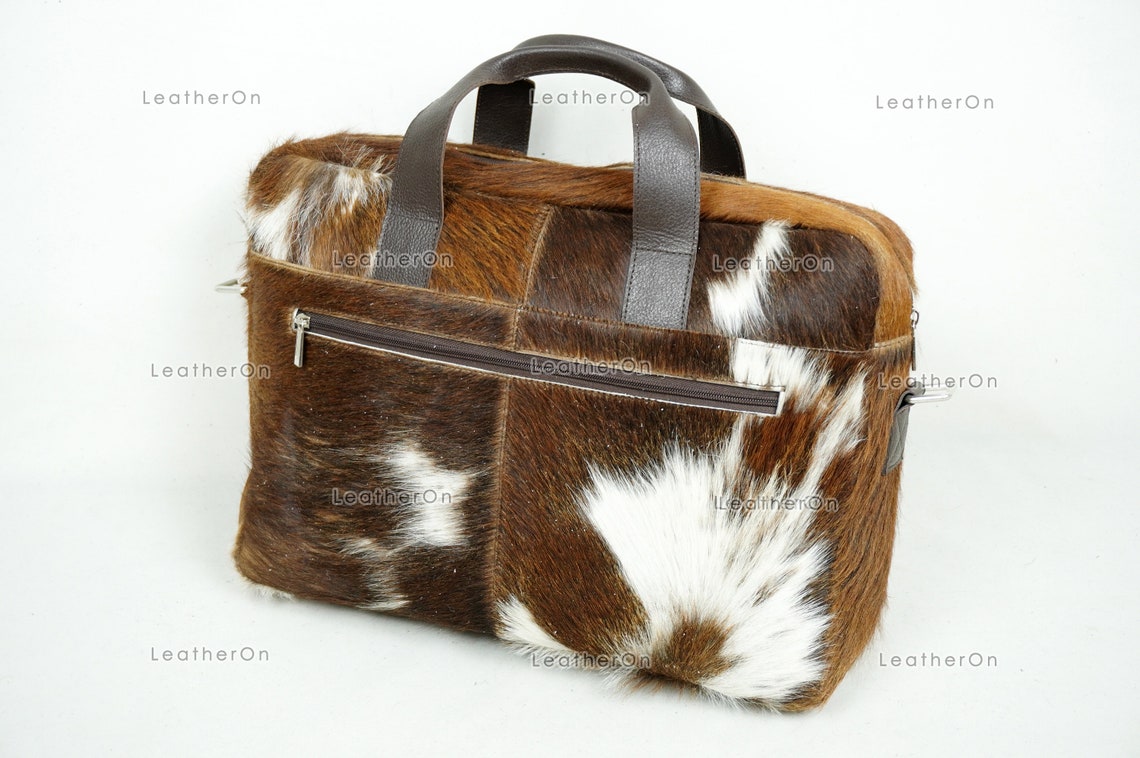 Cowhide Laptop Briefcase Bag | Natural Cowhide Office Satchel Bag | Cowhide Messenger Bag | Cowhide File Bag | Documents Bag | OB24