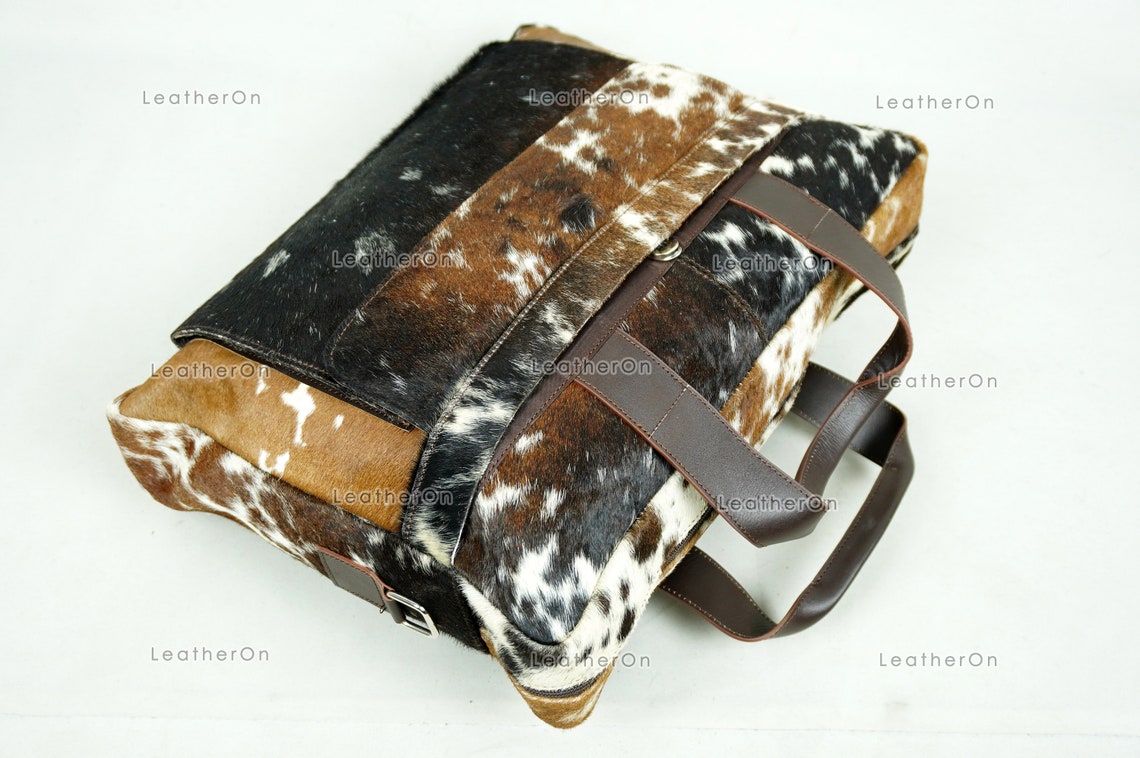 Cowhide Laptop Briefcase Bag | Natural Cowhide Office Satchel Bag | Cowhide Messenger Bag | Cowhide File Bag | Documents Bag | OB25