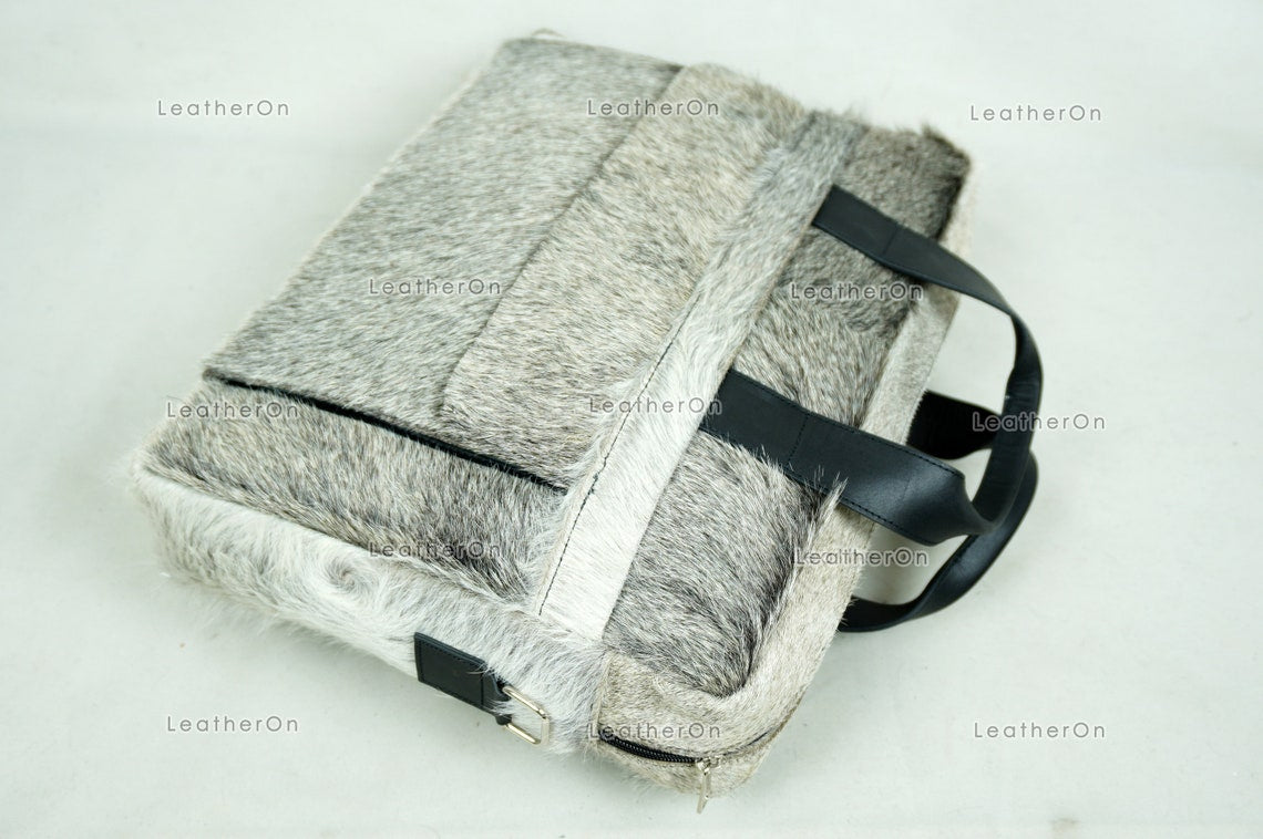 Cowhide Laptop Briefcase Bag | Natural Cowhide Office Satchel Bag | Cowhide Messenger Bag | Cowhide File Bag | Documents Bag | OB26