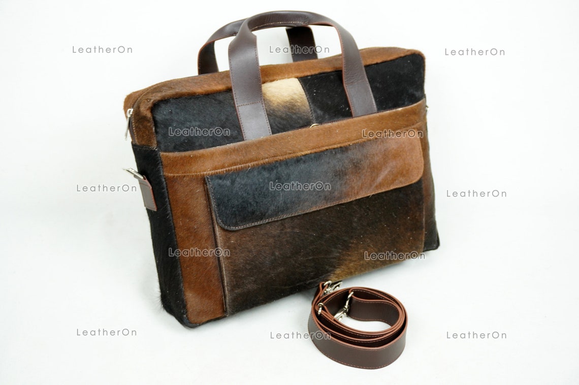 Cowhide Laptop Briefcase Bag | Natural Cowhide Office Satchel Bag | Cowhide Messenger Bag | Cowhide File Bag | Documents Bag | OB27